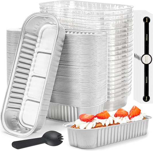 Foil Loaf Pans with Lids, 50 Pack Silver 6.8oz for Meal Prep | Works for sweet bites, savory samples, dips and layered cups; topping visibility supports counter display.