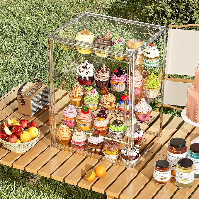 4 Tier Cupcake Stand Acrylic Cardboard Cupcake Tower Holder, Dessert Pastry Cookie Display Stand Case with Lid for Birthday Wedding Party Decoration, Large Adjustable Bread Box, XL
