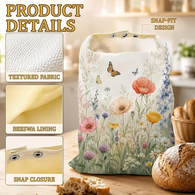 2 Pack Beeswax Wildflower Meadow Bread Bags for Sourdough, Reusable Linen Butterfly Garden Bread Bag 17x13'' Food Storage Cloth Bag Freezer-Friendly & Freshness Preservation