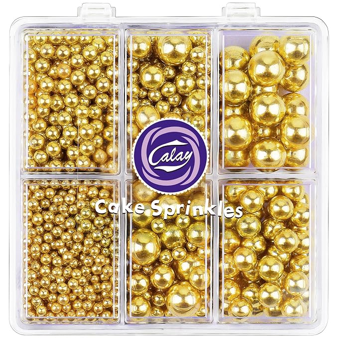Sprinkles for Cake Decorating, 4 Sizes 4.76oz Gold Pearl Sugar Sprinkles with Nonpareils for Cake Cupcake Cookie Baking Dessert Donuts Topping