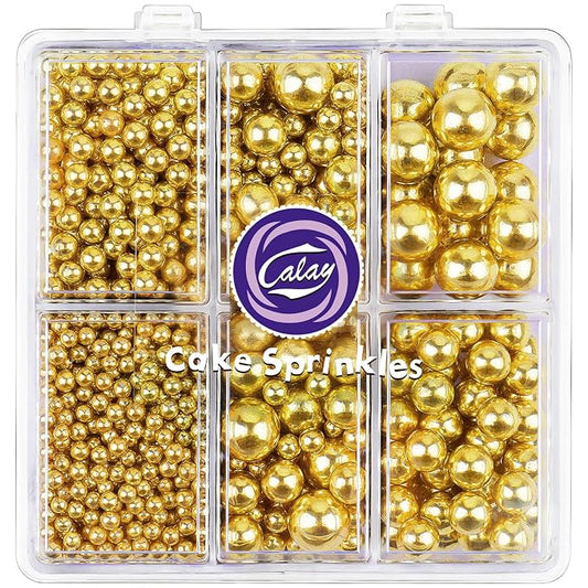 Sprinkles for Cake Decorating, 4 Sizes 4.76oz Gold Pearl Sugar Sprinkles with Nonpareils for Cake Cupcake Cookie Baking Dessert Donuts Topping