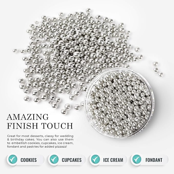 O'Creme Silver Dragees Cake Decorating Supplies for Bakers: Cookie, Cupcake & Icing Toppings, Bright Metallic Sphere Sprinkles Decoration, Certified, Decorating Sugar Ball Accents - 8mm, 32 Oz