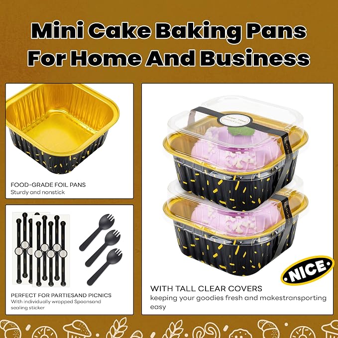 NPLUX 50 Pack Mini Cake Pans with Lids and Spoons Aluminum Foil Pans Square Cake Tins for Bakery Party Wedding, Graduation Gifts Party Favors (Black Gold Spot,5 oz)