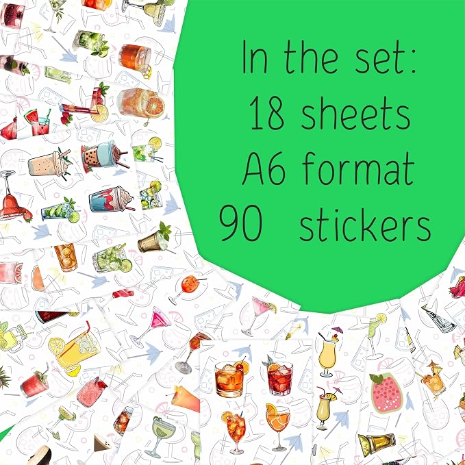 100Pcs Cocktail Stickers for Water Bottle and Laptop - Cocktail Party Supplies & Decorations, Waterproof Vinyl Decals, Drink and Fun Stickers, Gifts for Women & Men