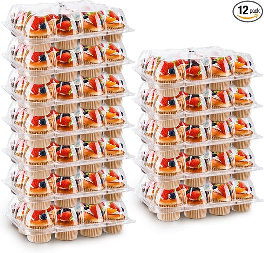 NPLUX 12 Count Cupcake Containers 12 Pack Cupcake Holders with Detachable Tall Dome Lids Clear Plastic Stackable Cupcake Boxes for 144 Cupcakes, BPA Free, Standard Size
