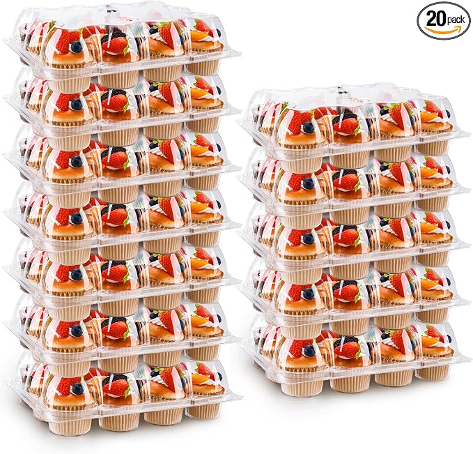 NPLUX 12 Count Cupcake Containers 20 Pack Cupcake Holders with Detachable Tall Dome Lids Clear Plastic Stackable Cupcake Boxes for 240 Cupcakes, BPA Free, Standard Size
