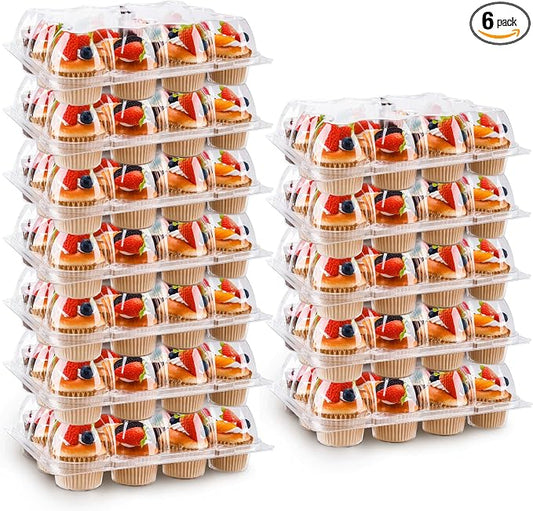 NPLUX 12 Count Cupcake Containers 6 Pack Cupcake Holders Plastic Clear Reusable Cupcake Containers with Detachable Tall Dome Lids Stackable Cupcake Boxes for 72 Cupcakes, BPA Free, Standard Size