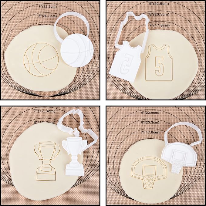 Mostop Basketball Cookie Cutter Set, 4 Pieces Sports Cookie Cutter with Stampers, Basketball, Hoop, Jersey, Trophy Cup, Cake Decoration Tools Birthday Party Supplies Favors