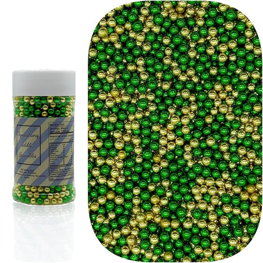 Dynastang 4mm Silver Dark Green & Super Gold Pearls Sprinkles Edible Pearls Cake Decorations Cupcake Toppers Cookie Decorating Perfect for Cakes, Cupcakes, Desserts Toppings 3OZ