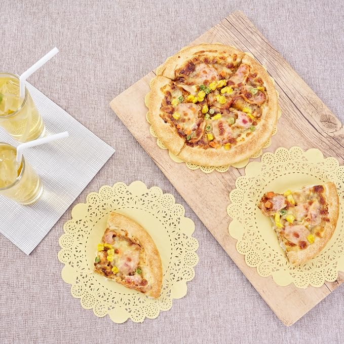 Pastry Tek 8 x 8 Inch Paper Lace Doilies, 100 Disposable Table Doilies - Elegant Lace Finish, Long Lasting, Yellow Paper Doily, for Pastries, Cupcakes, Desserts - Restaurantware