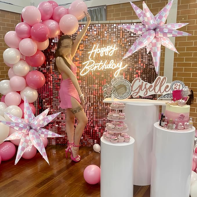 2 * 12Pcs Pink Silver Holographic Explosion Star Foil Balloons/Iridescent Balloons for Y3K kat*sye Girl, KPOP Idol Demon Hunters Singer Party/Tayl Popular Singer Concert Birthday(2Pcs Pink Laser)