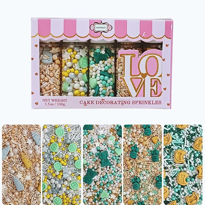 Confect Neutral Baby Shower Sprinkles | Mix Gold, Silver, Pearl & Sage Green Sprinkles | Assorted Pack of 5 Edible Mix Heart, Star, Baby Rattles & Baby Feed Bottle Sprinkles | Vegan, Gluten-Free, Nut-Free, Soy-Free, Dairy-Free, Palm Oil-Free - 5 Oz