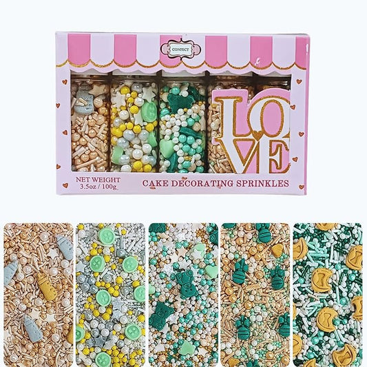 Confect Neutral Baby Shower Sprinkles | Mix Gold, Silver, Pearl & Sage Green Sprinkles | Assorted Pack of 5 Edible Mix Heart, Star, Baby Rattles & Baby Feed Bottle Sprinkles | Vegan, Gluten-Free, Nut-Free, Soy-Free, Dairy-Free, Palm Oil-Free - 5 Oz