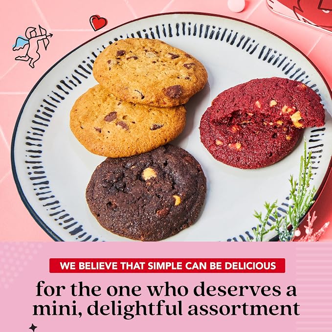 David's Cookies Mini Cookie Sampler in Love Tin, 14 oz Fresh Baked Assorted Bite Size Cookies, Chocolate Chip, Chocolate White Chip & Red Velvet, Gourmet Sweet Treat for Couples Friends