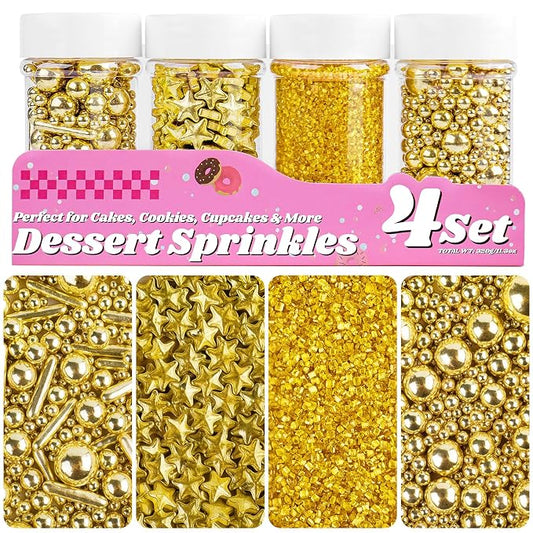Gold Sprinkles for Cake Decorating, 11.3oz/320g Edible Pearls Rods Star Sprinkles & Sanding Sugar, 4 Jars Set for Baking Cupcakes Cookies Ice Cream