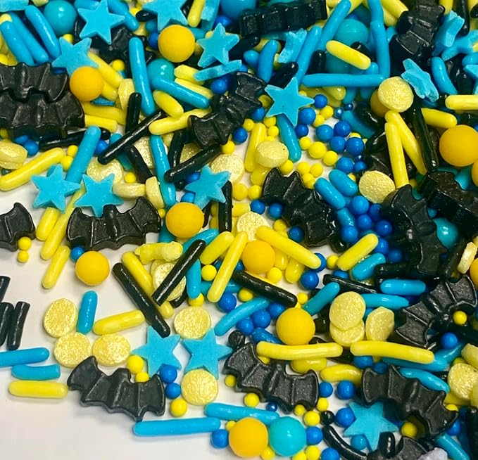 COOL MOM SPRINKLES Blue And Yellow Sprinkles (4 oz.) – Bat Hero Birthday Sprinkles for Decorating Cakes, Cupcakes, Cookies & Desserts – Mixed in the USA/Gluten-Free