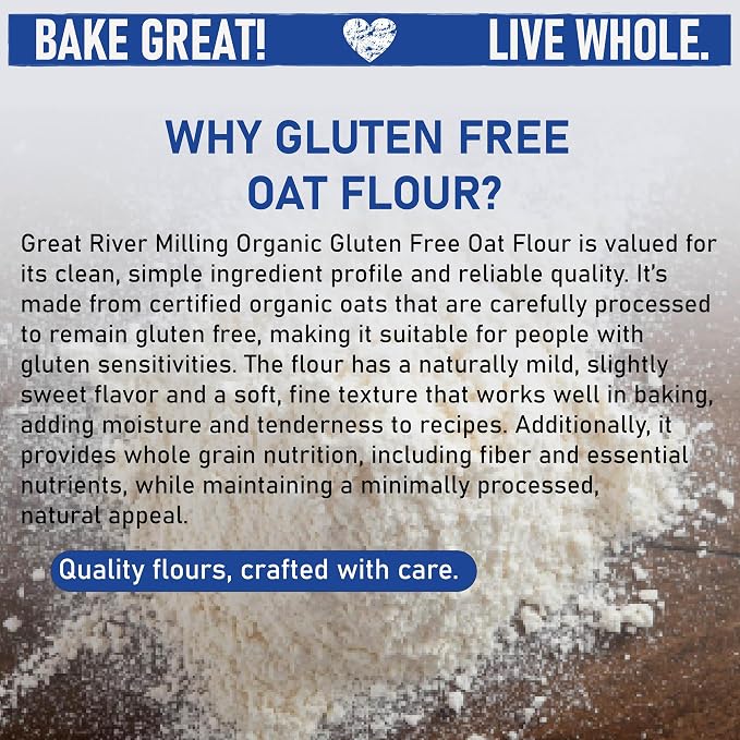 Great River Milling Organic Oat Flour | Gluten Free Whole Grain Flour | Non-GMO, Kosher, Vegan Certified | Naturally Sweet Flavor for Pancakes, Muffins, Cookies & Baking Blends | 25 Lb