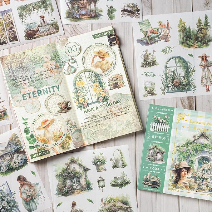 YagCu Garden Journal Stickers, 50 Sheets Washi Junk Journaling Sticker Book, Scrapbook Supplies, Watercolor Scrapbooking for Adults, Green Decorative Ephemera Arts Craft