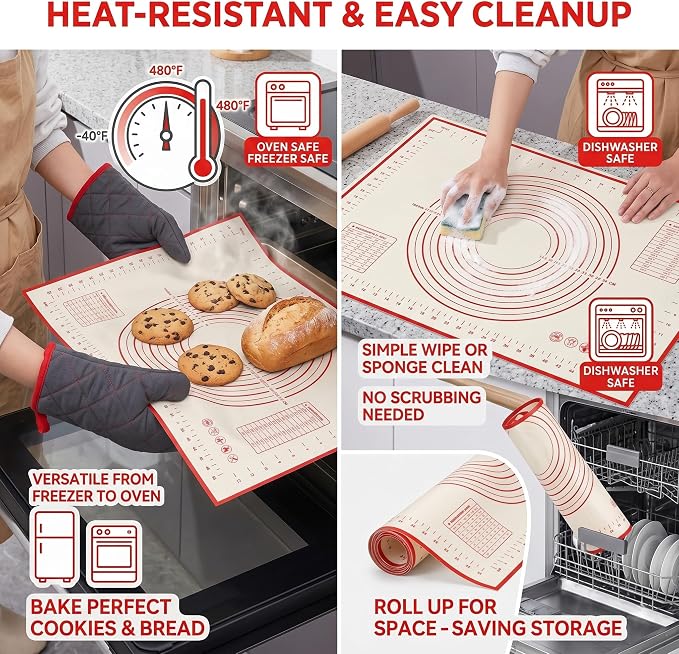 Pastry Mat for Rolling Dough - 24" x 16" Extra Large Silicone Baking Mat, 0.4mm Thick Non-Stick Bread Mat for Sourdough & Pizza, Non-Slip Kneading Mat with Measurements, Professional Grade