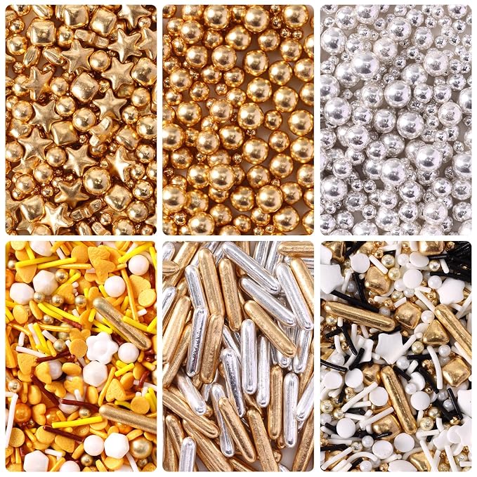 Gold Sprinkles for Cake Decorating, Cupcake, Cookies, Ice Cream Topper, 6 Packs Gold and Silver White Sprinkles, Six of assorted Sprinkles for Baking, Perfect for Party, Anniversary, Wedding