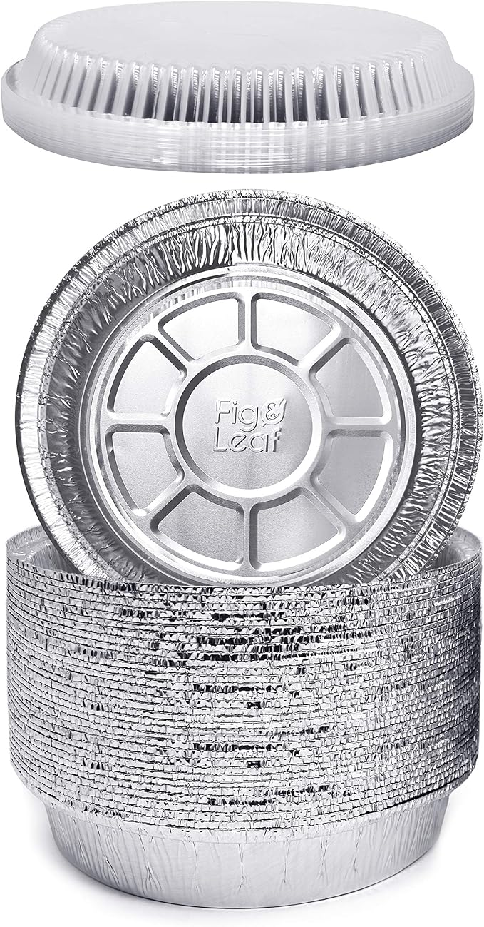 Fig & Leaf (45 Pack) Premium 9-Inch Round Foil Pans with Plastic Dome LIDS l Heavy Duty l Disposable Aluminum Tin for Roasting, Baking, Cake or Cooking