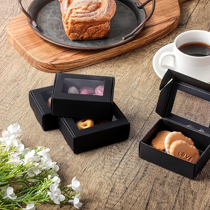Zonon 30 Pcs Soap Boxes for Homemade Packaging, Mini Kraft Boxes with Window for Bakery Candy Soap Making Gift Packaging, 3.7x2.6x1.4 Inch (Black)