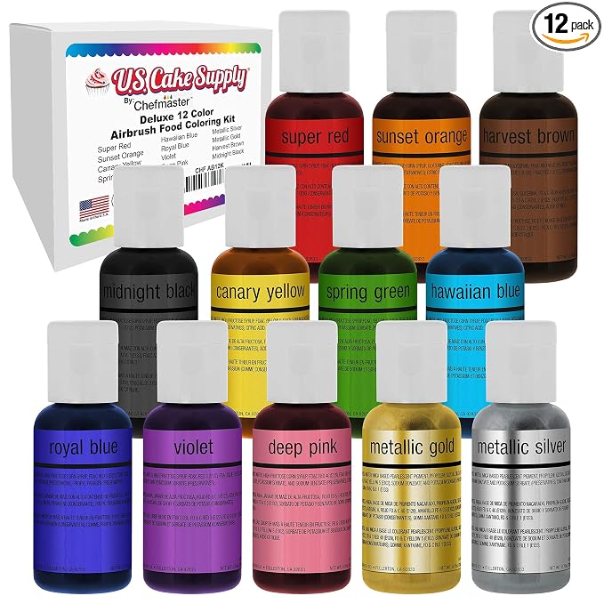 U.S. Cake Supply Airbrush Cake Color Set - The 12 Most Popular Colors in 0.64 fl. oz. (19ml) Bottles Made in the USA