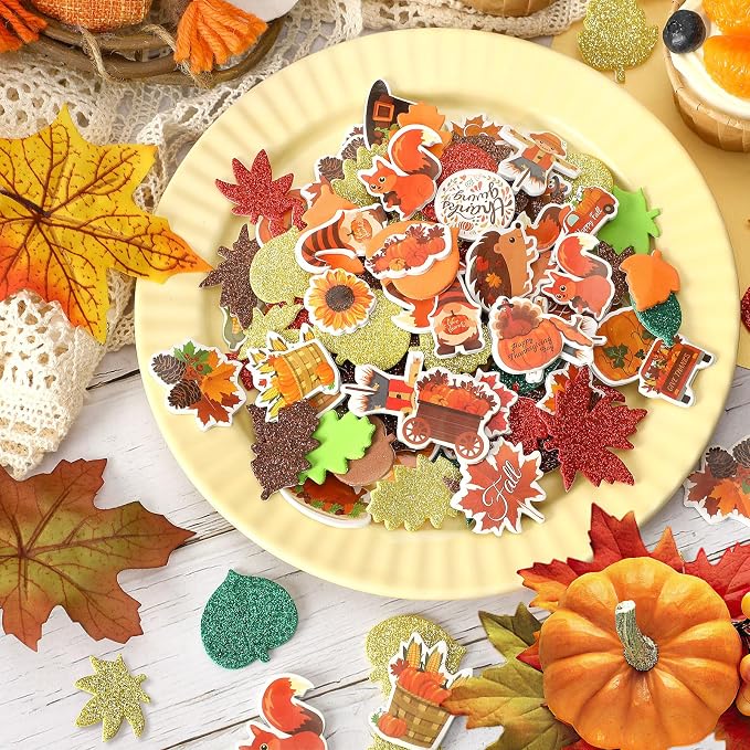 600Pcs Fall Thanksgiving Foam Sticker Glitter Maple Leaf Sticker | Autumn Decals for Kids, School Projects, Classroom Handmade DIY Arts Crafts, Scrapbook, Party Favors Decorations