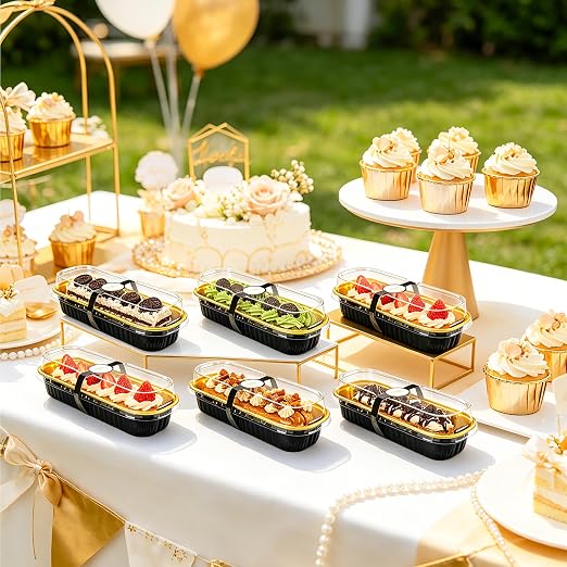 NPLUX 50 Pack Mini Cake Pans with Lids and Spoons Black Gold Rectangular Aluminum Foil Baking Pans Mini Cheesecake Containers, Graduation Gifts Party Favors(6.8oz)