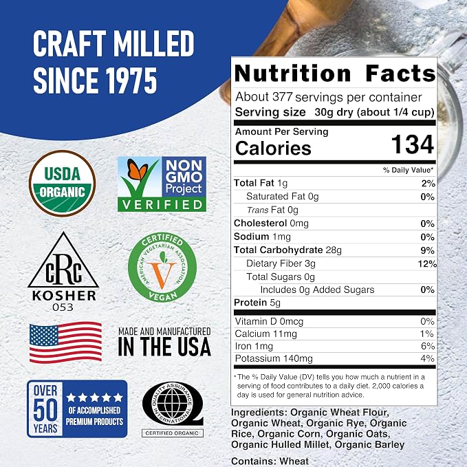 Great River Milling Organic 7 Grain Blend Bread Flour | Unbromated & Unbleached Flour | Non-GMO, Kosher | Stone Ground for Baking, Bread, Muffins & More | 25 Lb