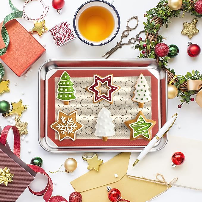 Baking Sheet with Silicone Mat Set of 4 [2 Sheets + 2 Mats], Deedro Stainless Steel Cookie Sheet Baking Pan with Silicone Baking Mat, 9 x 7 x 1 Inch, Non Toxic, Heavy Duty, Easy Clean