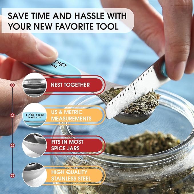Spring Chef Stainless Steel Magnetic Measuring Spoons Set of 8 with Leveler, Metal Teaspoon & Tablespoon Measuring Spoons with Strong Magnets, Kitchen Gadgets for Baking & Cooking - 2 Pack - Aqua Sky