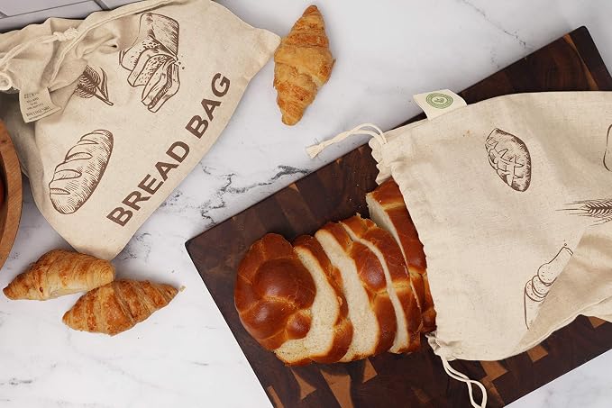 Reusable Bread Bags for Homemade Bread - 100% Organic Linen - 2 Large and 2 Extra Large Reusable Cloth Storage Bags with Drawstring for Sourdough and Baguette - Ideal Gift for Bakers