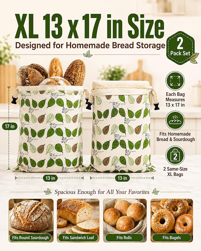 Beeswax Bread Bag for Homemade Bread, Sourdough Bread Bags with Zipper, 2 Pack XL 13"x17" Natural Beeswax Lined Cotton Bread Storage Bags, Freezer Safe, Keep Fresh