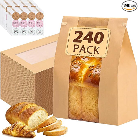 Moretoes 240 Pack Large Sourdough Bread Bags for Homemade Bread, 13.7x8.3x3.5 Inches, Paper Bread Bags with Tin Tie Tab and Clear Front Window, Includes 288 Label Seal Stickers (Brown)