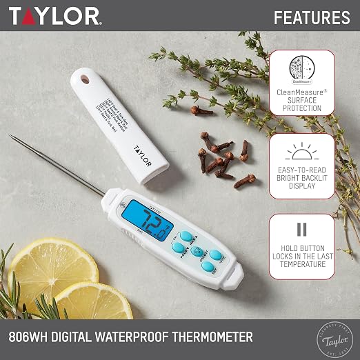 Taylor Digital Waterproof Meat Thermometer for Kitchen, Grill & BBQ, Blue Backlit Display, Narrow Step-Down Probe, Hold Function, NSF Certified, White