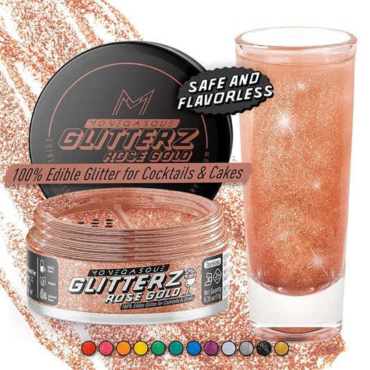 MONÉGASQUE Rose Gold Edible Glitter for Drinks 10g – Rose Gold Edible Glitter for Cakes – Chocolate, Cupcake, Strawberries, & Cake Decorations Sparkles – Cocktails & Drink Shimmer Powder