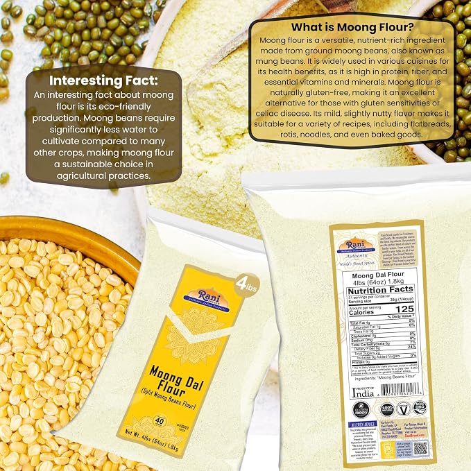 Rani Moong Flour (Mung Bean Flour, Green Gram Flour) 64oz (4lbs) 1.81kg Bulk ~ All Natural | Vegan | Gluten Friendly | NON-GMO | Kosher | Indian Origin