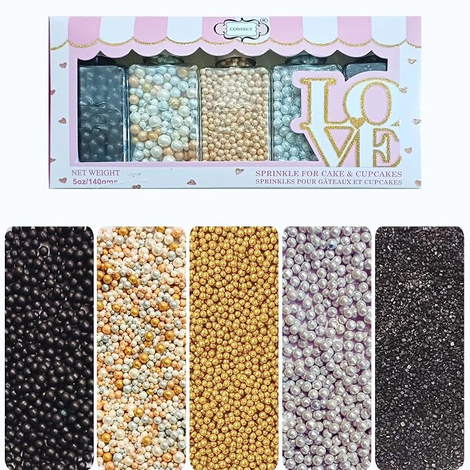 Confect Prom Night Disco Ball Sprinkle Mix – 5-Pack Assorted Edible Sprinkles with Black, Gold, Silver & White Dragees + Black Sparkling Sugar – Cake, Cupcake & Cookie Decorations – Vegan, Gluten-Free, Nut-Free, Soy-Free, Dairy-Free, Palm Oil-Free, Dye...
