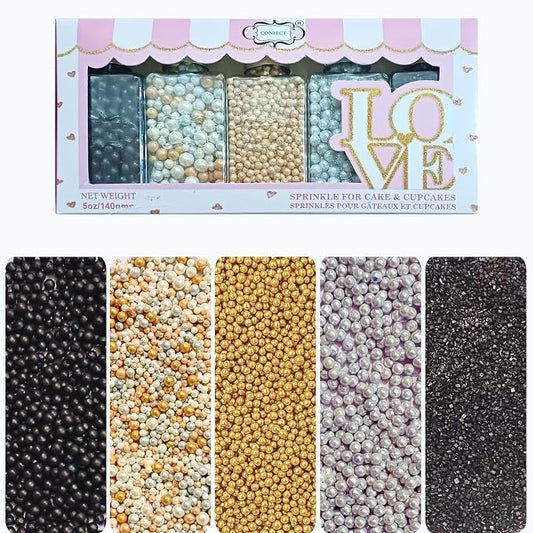 Confect Prom Night Disco Ball Sprinkle Mix – 5-Pack Assorted Edible Sprinkles with Black, Gold, Silver & White Dragees + Black Sparkling Sugar – Cake, Cupcake & Cookie Decorations – Vegan, Gluten-Free, Nut-Free, Soy-Free, Dairy-Free, Palm Oil-Free, Dye...