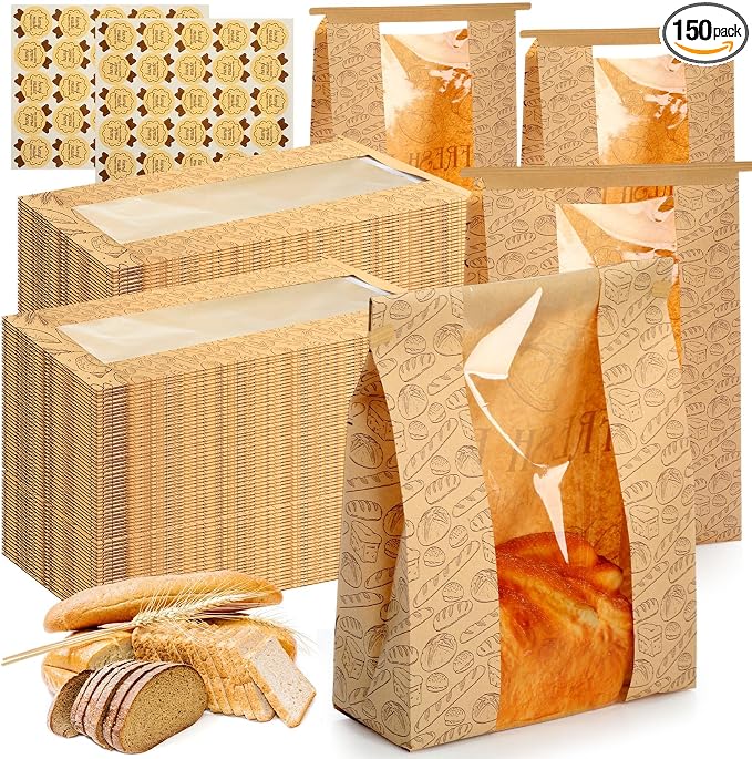 Feifeiya 150 Set Bread Paper Bags for Homemade Sourdough Kraft Bread Bags with Clear Window Seal Stickers 14'' x 8.3'' x 3.5'' Large Bakery Packaging for Storage Baked Goods Cookies