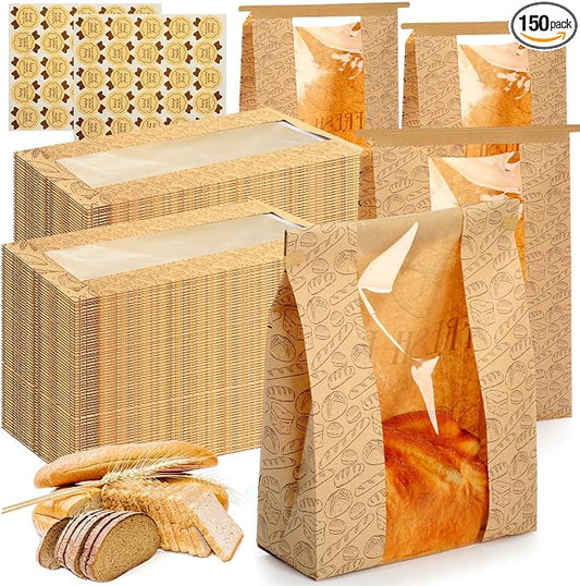Feifeiya 150 Set Bread Paper Bags for Homemade Sourdough Kraft Bread Bags with Clear Window Seal Stickers 14'' x 8.3'' x 3.5'' Large Bakery Packaging for Storage Baked Goods Cookies