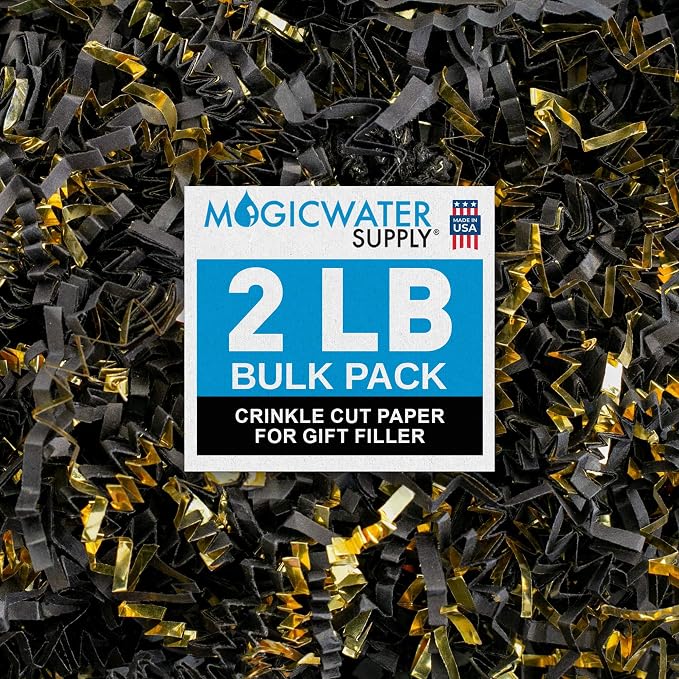 MagicWater Crinkle Cut Paper for Gift Baskets - 2LB - Black & Gold - Perfect for Shredded Paper Filler, Basket Filler, Gift Boxes, Bridesmaid Gifts, Christmas Stuffers & More – Ideal for All Occasions