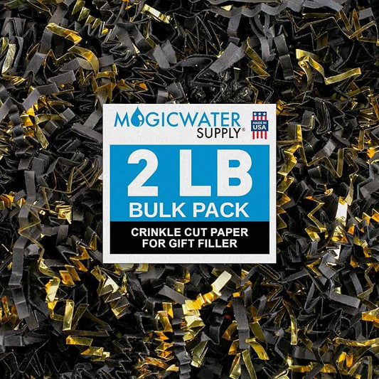 MagicWater Crinkle Cut Paper for Gift Baskets - 2LB - Black & Gold - Perfect for Shredded Paper Filler, Basket Filler, Gift Boxes, Bridesmaid Gifts, Christmas Stuffers & More – Ideal for All Occasions
