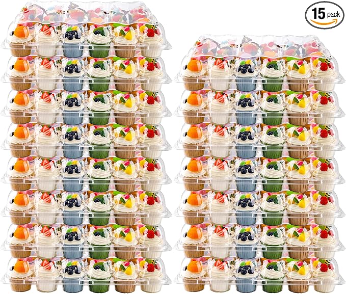 NPLUX 24 Count Cupcake Containers 15 Pack Cupcake Holders with Detachable Tall Dome Lids Clear Plastic Stackable Cupcake Boxes for 360 Cupcakes, BPA Free, Standard Size