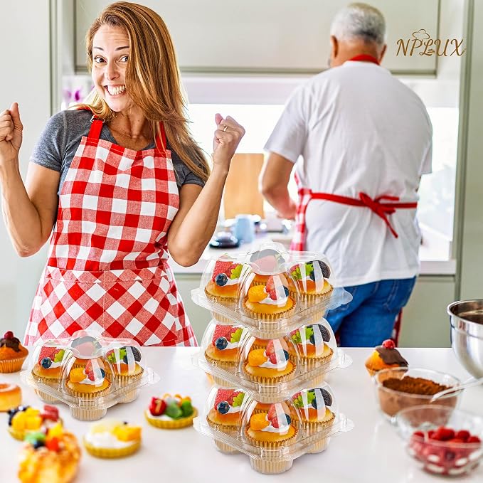 NPLUX 4 Compartment Cupcake Containers 60 Pack Cupcake Holder with Connected Airtight Lid Cupcake Boxes for 240 Cupcakes Muffins, BPA Free, Standard Size
