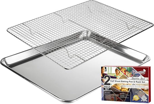 KITCHENATICS Half Sheet Baking Pan and Rack Set Warp-Free 13.1x17.9 In | Aluminum baking tray and stainless steel wire rack combo used together for large family meals