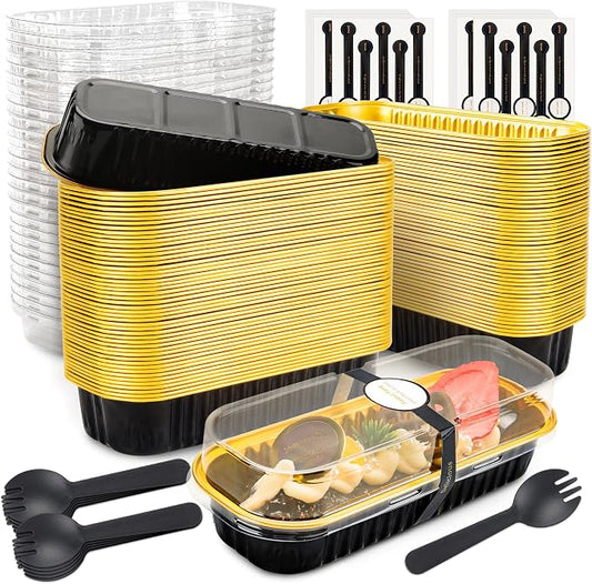 NPLUX Mini Loaf Pans with Lids and Spoons Rectangular Aluminum Foil Baking Pans Mini Cheesecake Containers 6.8 Oz, Graduation Gifts Party Favors(120 Pack, Black Gold)