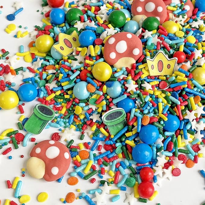 Sprinkle Pop Gamer Sprinkle Mix| Red Green Blue Yellow Sprinkles with ~20 Italian Plumber Pipes Crowns & Mushrooms| It's Me Sprinkles Made in USA for Decorating Boys Girls Birthday Cakes Cupcakes, 4oz