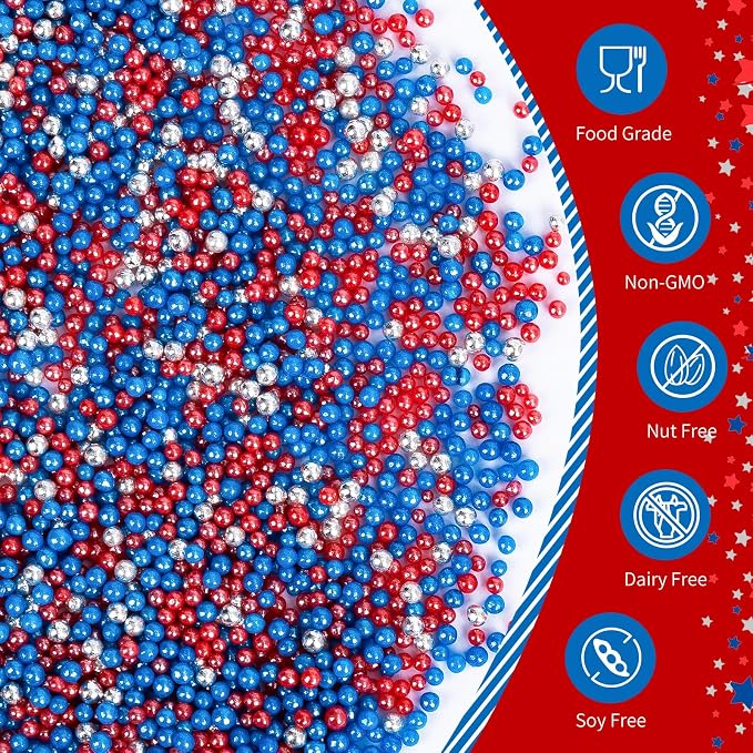Patriotic Nonpareils Sprinkles,2mm Red Blue and White Pearls for Cake Decorations,July 4th Edible Sprinkle Mix for Baking,130g,Edible Sugar Pearls for Cake Decorating,Cookies,Ice Cream,Fondant Cake,Cupcakes,Desserts,May Day,Memorial Day,Flag Day,Junete...